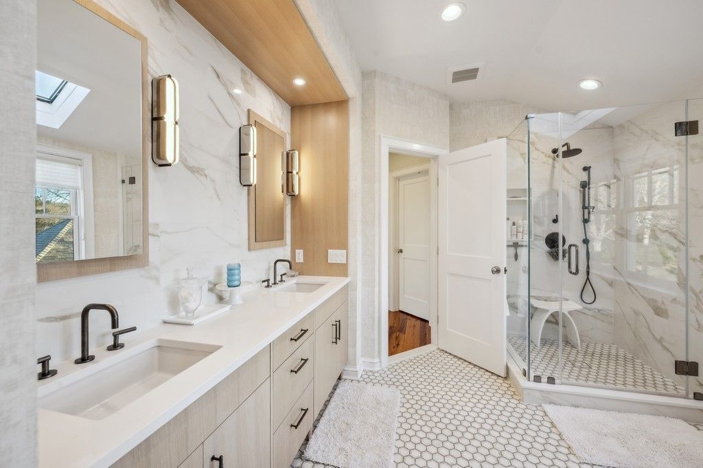 Bathroom, Dual Sink Vanities, Glass Shower, Interior, Marble Walls, Recessed Lighting