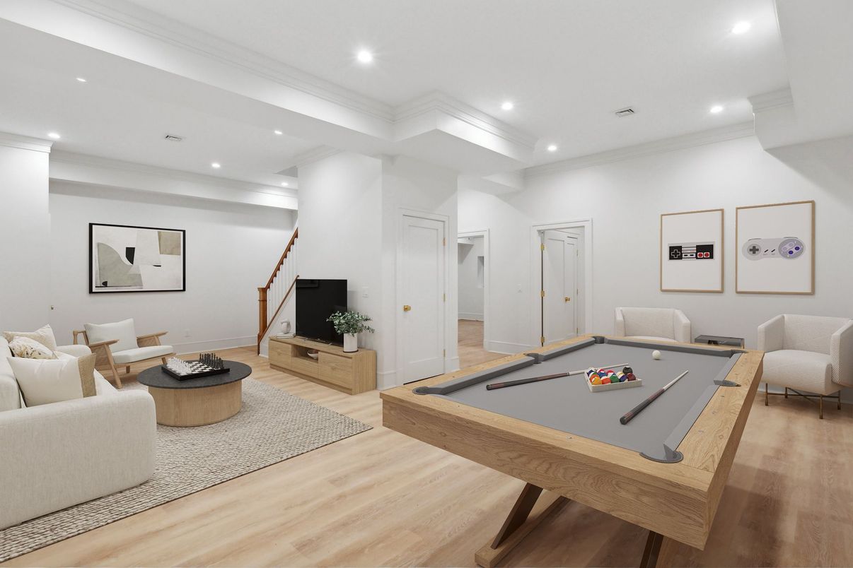 Billiard Table, Game Room, Interior, Recessed Lighting, Wood Texture Flooring