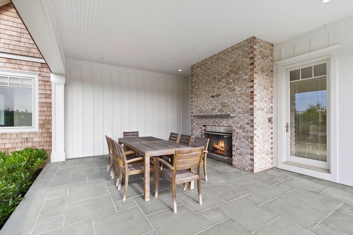 Dining room, Fireplace, Interior, Recessed Lighting, Stone Walls