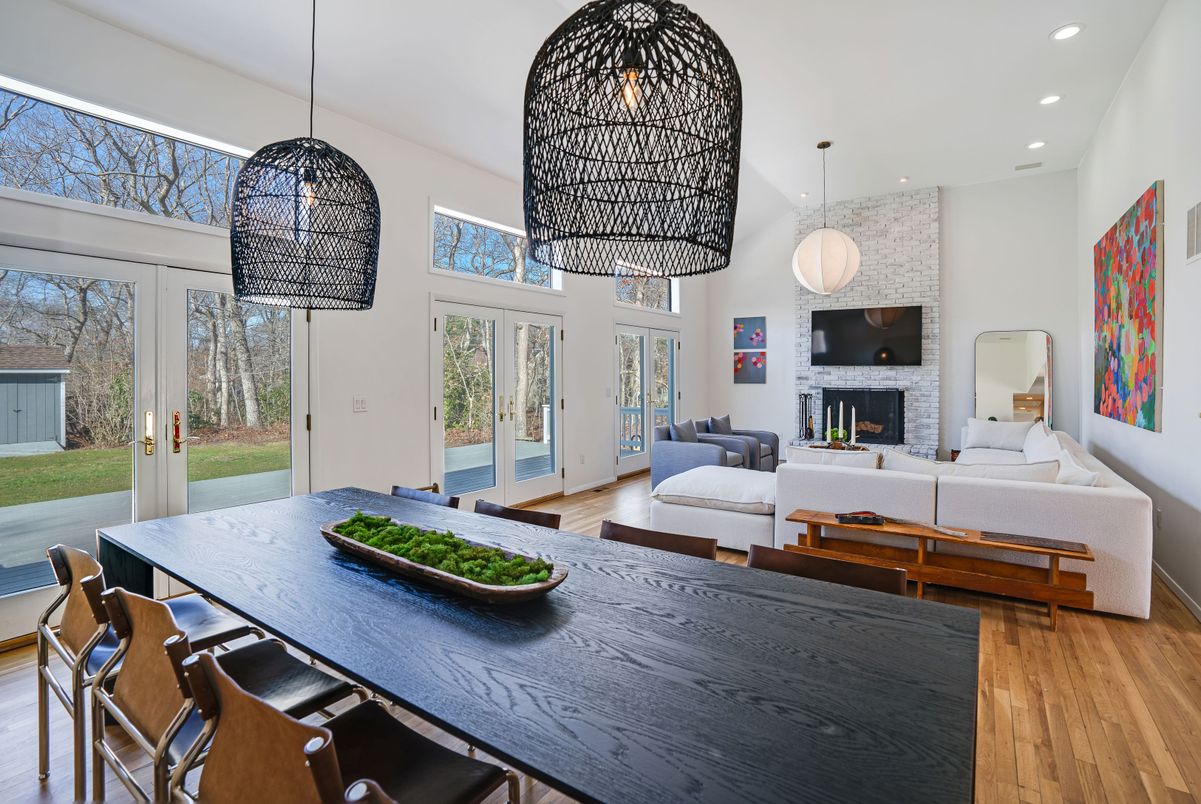 Dining room, Fireplace, Interior, Living room, Pendant Lights, Recessed Lighting, Wood Texture Flooring