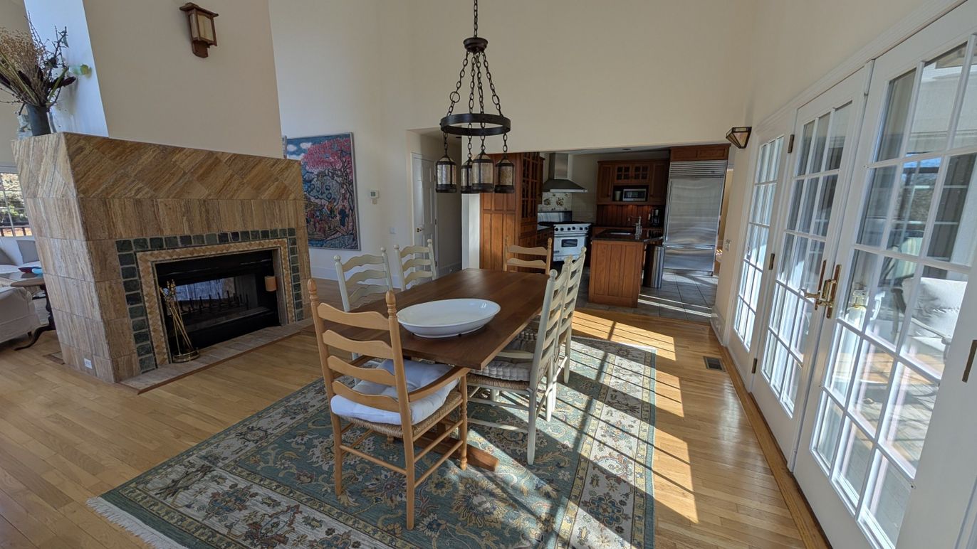 Dining room, Fireplace, Interior, Pendant Lights, Wood Texture Flooring