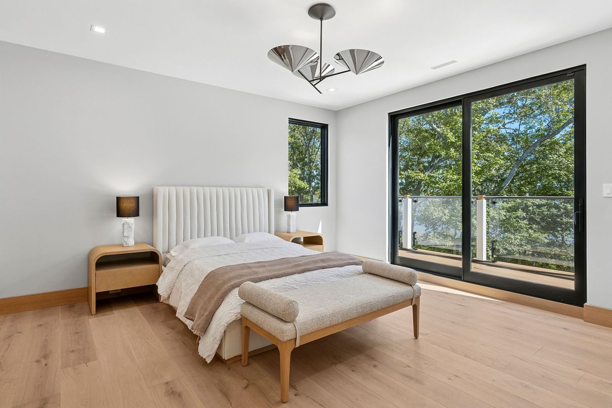 Bedroom, Interior, Pendant Lights, Recessed Lighting, Wood Texture Flooring