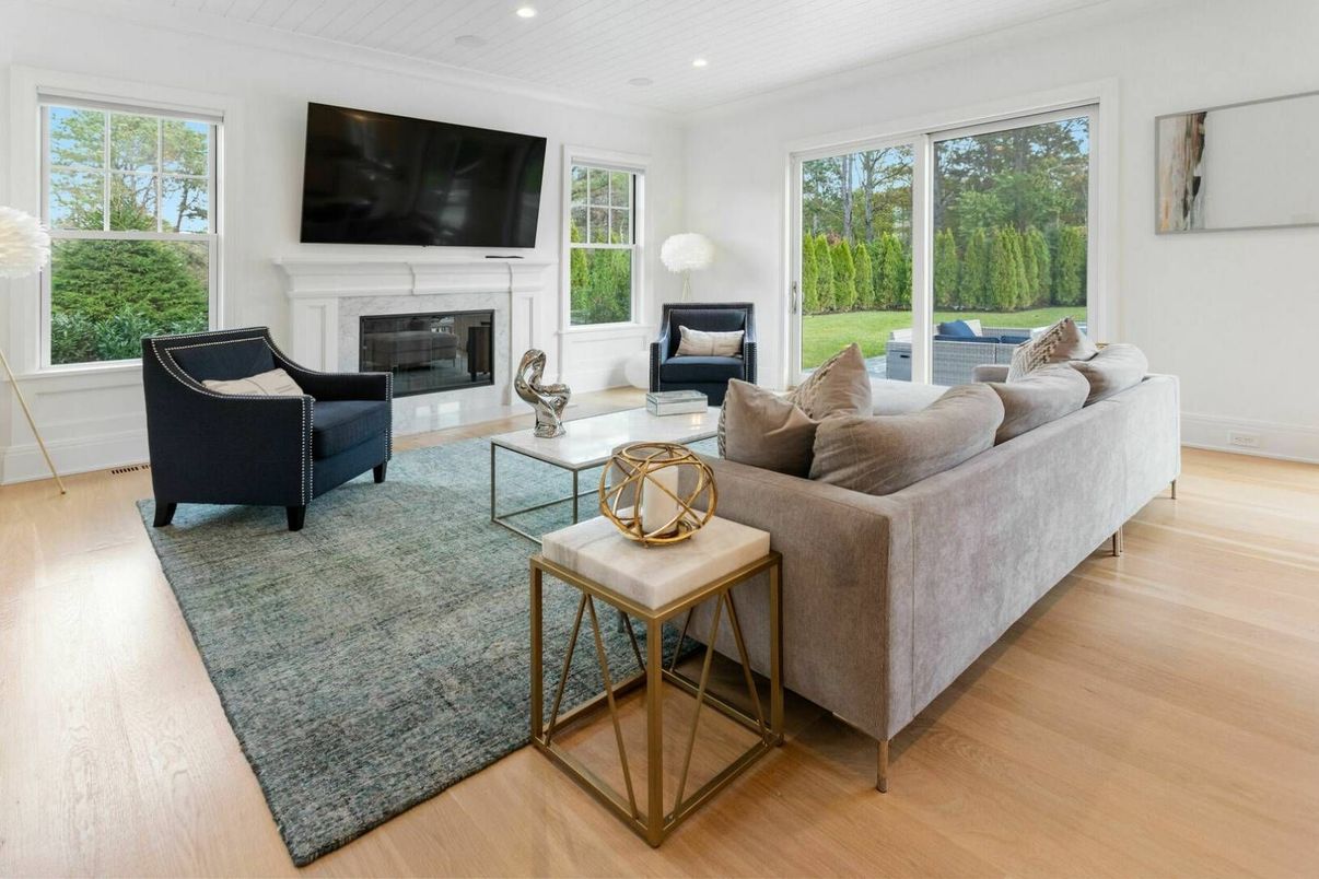 Fireplace, Interior, Living room, Recessed Lighting, Wood Texture Flooring