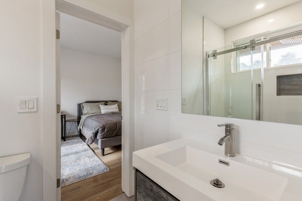 Bathroom, Bedroom, Glass Shower, Interior, Recessed Lighting, Wood Texture Flooring