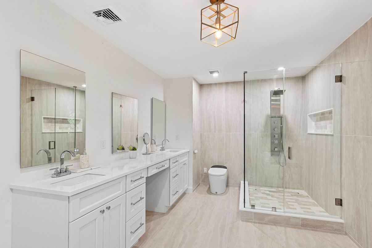 Bathroom, Dual Sink Vanities, Glass Shower, Interior, Pendant Lights