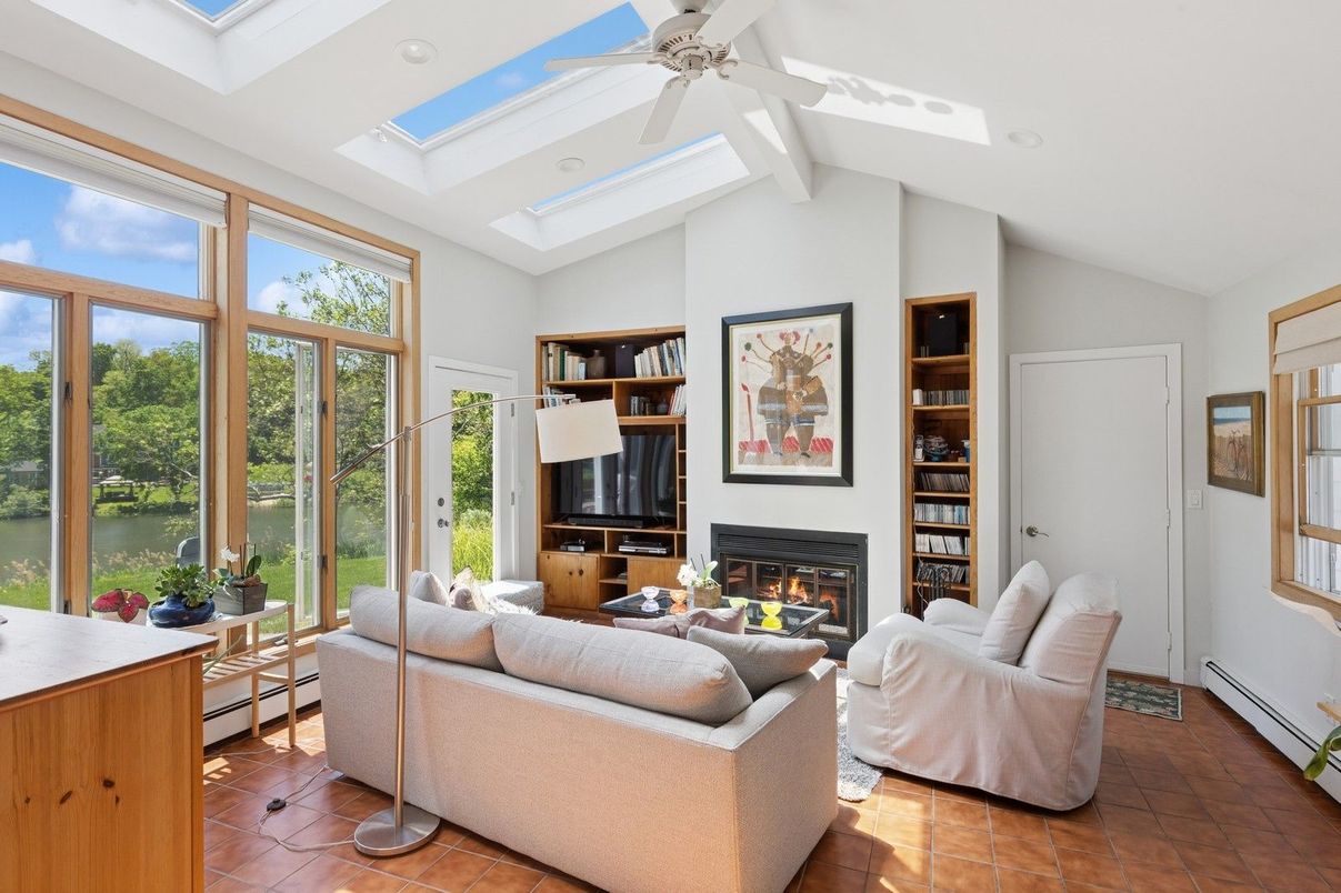 Fireplace, Interior, Living room, Recessed Lighting, Sun Room