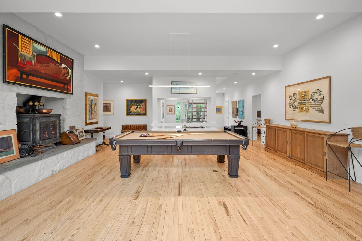 Billiard Table, Fireplace, Game Room, Interior, Recessed Lighting, Wood Texture Flooring