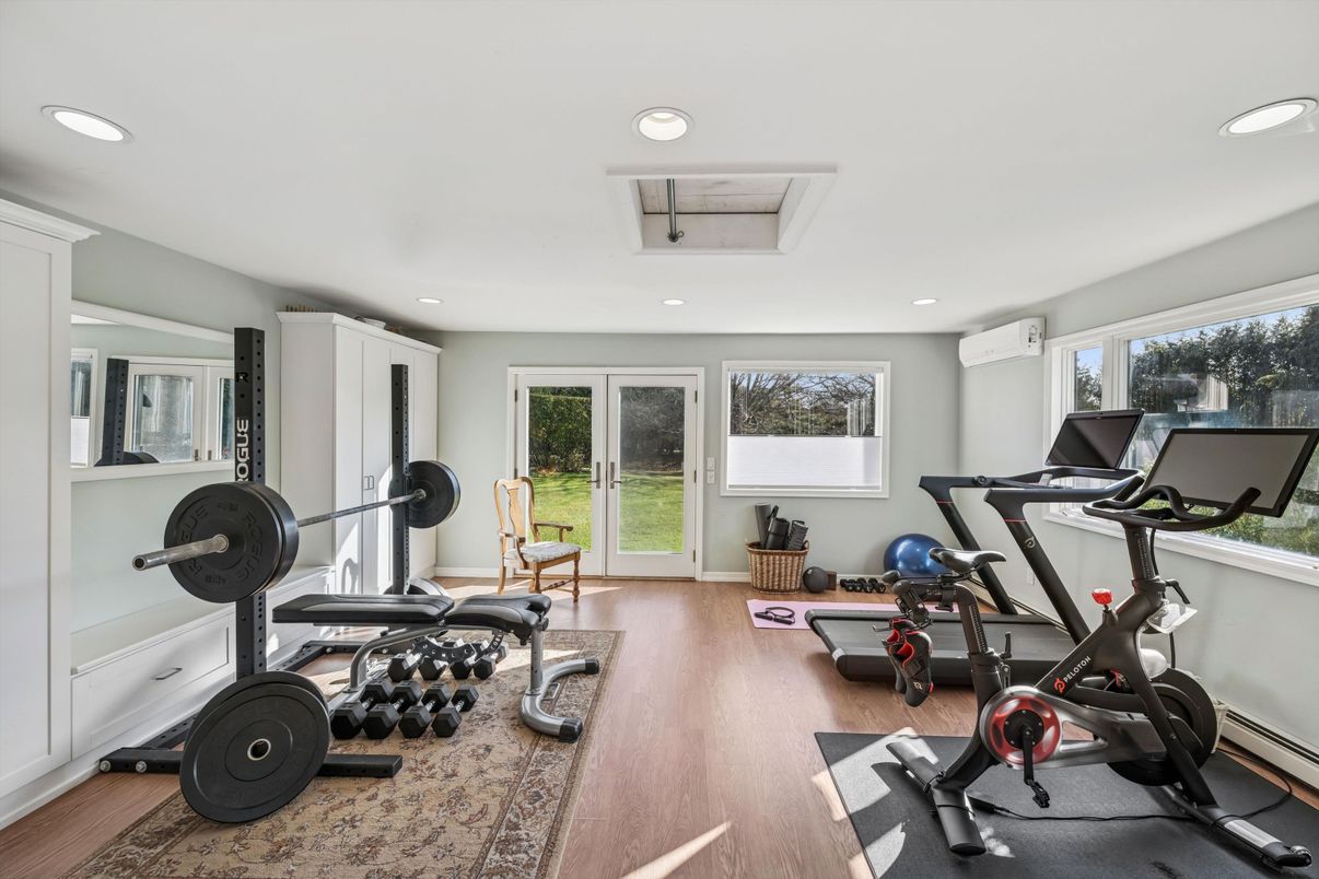 Fitness Equipment, Gym, Interior, Recessed Lighting, Wood Texture Flooring