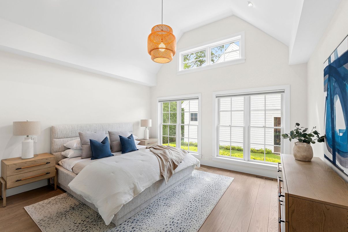 Bedroom, Interior, Pendant Lights, Wood Texture Flooring