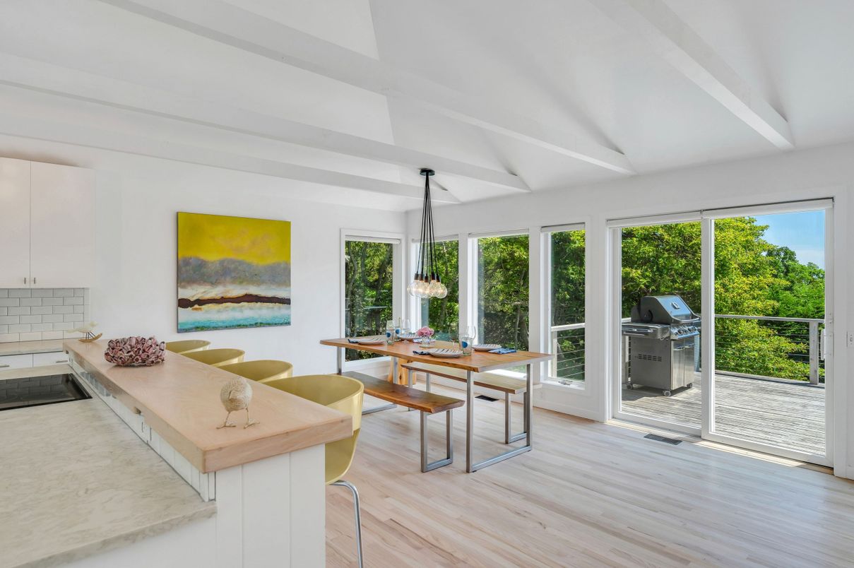 Dining room, Interior, Pendant Lights, Wood Texture Flooring
