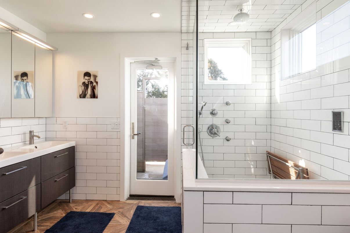 Bathroom, Glass Shower, Interior, Recessed Lighting, Wood Texture Flooring