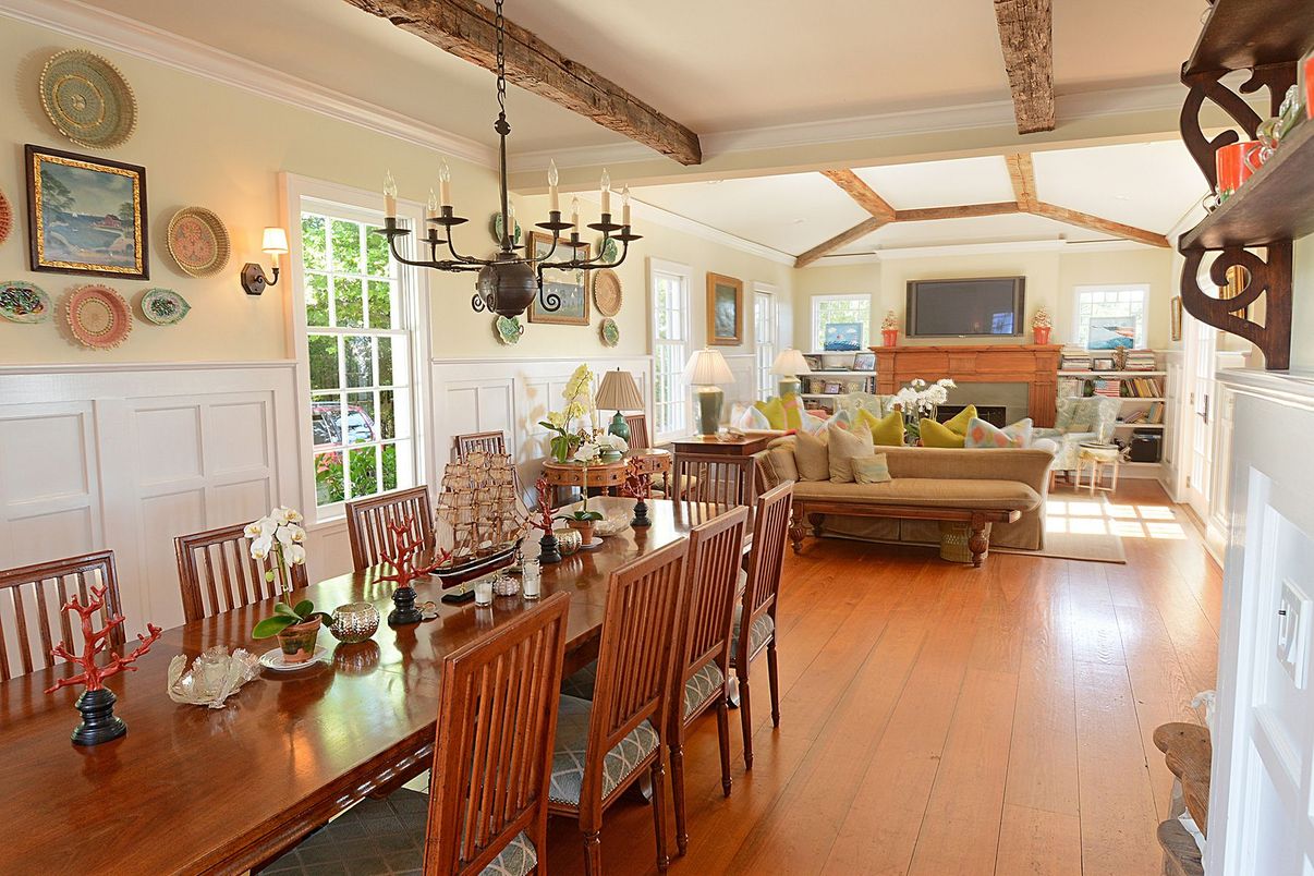 Chandelier, Dining room, Fireplace, Interior, Living room, Pendant Lights, Wooden Beams, Wood Texture Flooring
