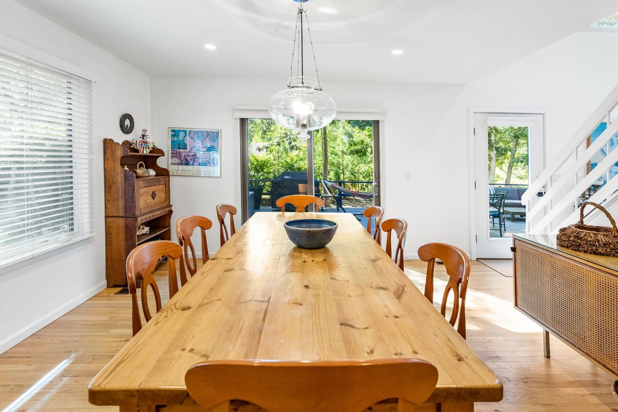Dining room, Interior, Pendant Lights, Recessed Lighting, Wood Texture Flooring