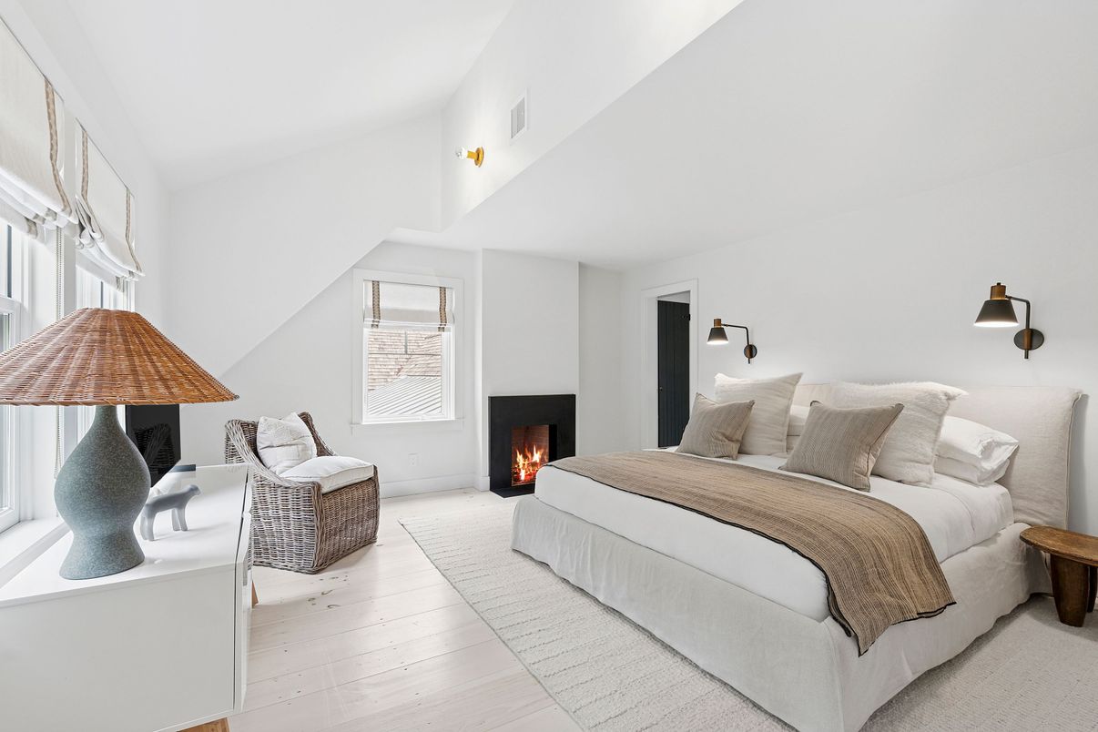 Bedroom, Fireplace, Interior, Wood Texture Flooring