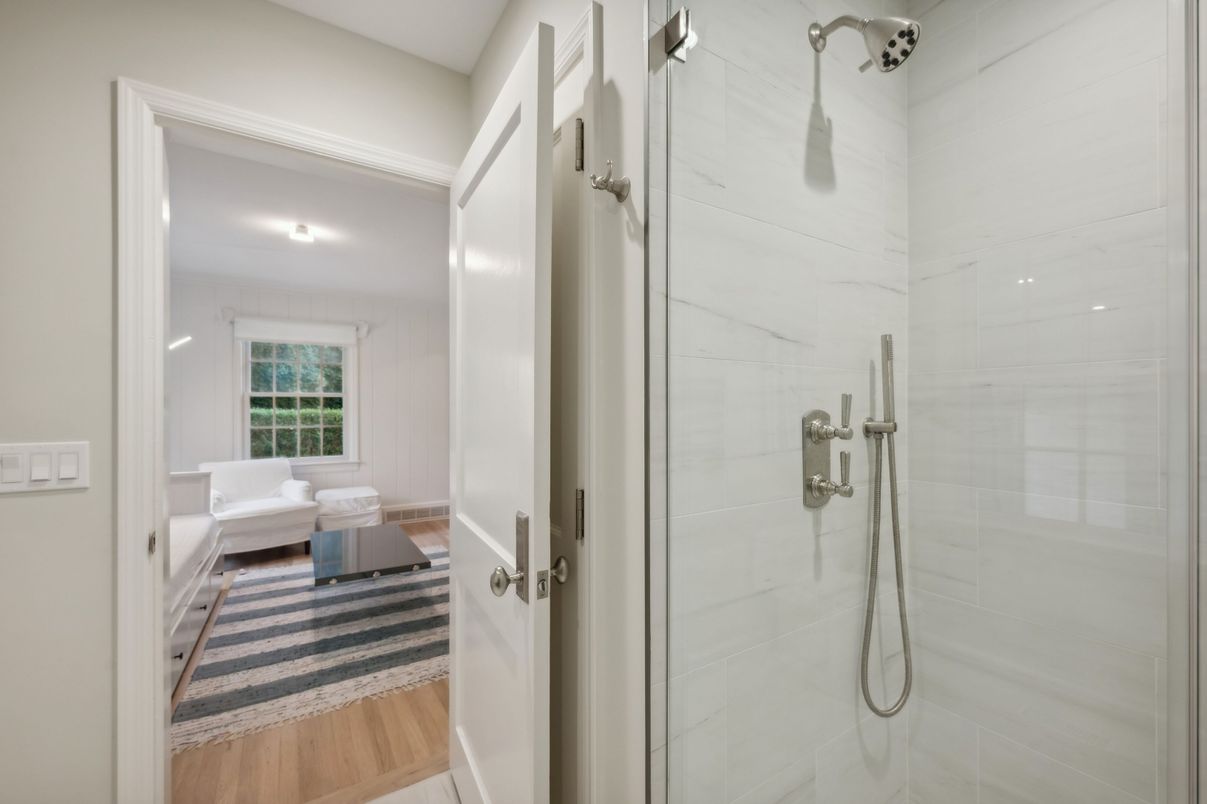 Bathroom, Glass Shower, Interior, Recessed Lighting, Wood Texture Flooring