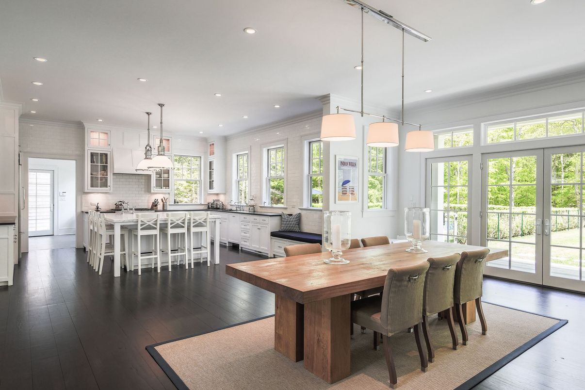 Dining room, Interior, Kitchen, Pendant Lights, Recessed Lighting, Wood Texture Flooring