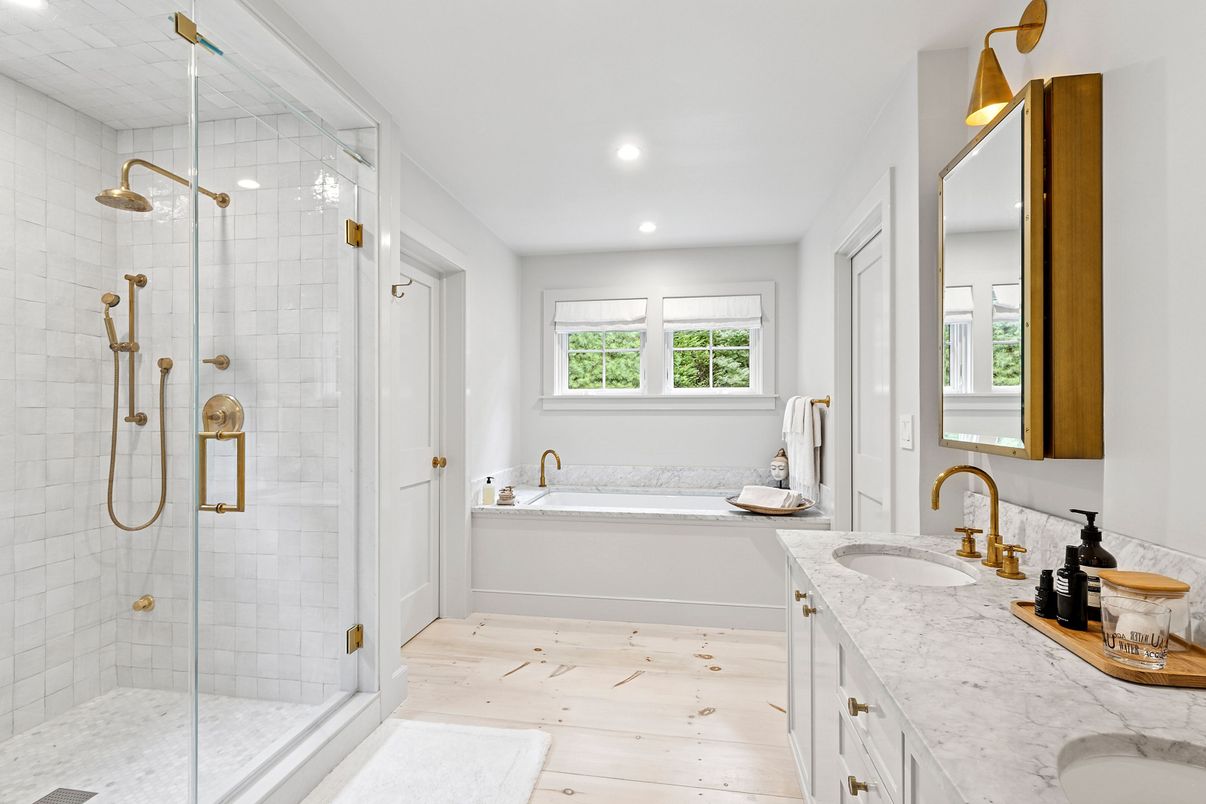 Bathroom, Dual Sink Vanities, Glass Shower, Interior, Recessed Lighting, Wood Texture Flooring