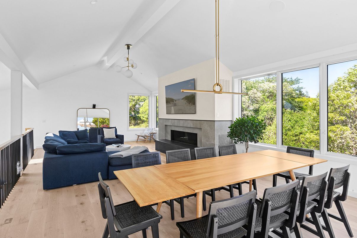 Dining room, Fireplace, Interior, Living room, Pendant Lights, Wood Texture Flooring