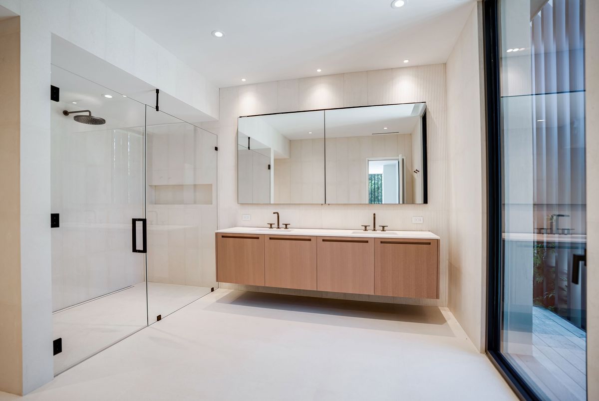 Bathroom, Dual Sink Vanities, Glass Shower, Interior, Recessed Lighting