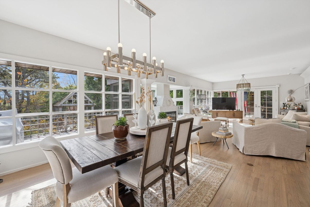 Chandelier, Dining room, Fireplace, Interior, Living room, Pendant Lights, Wood Texture Flooring