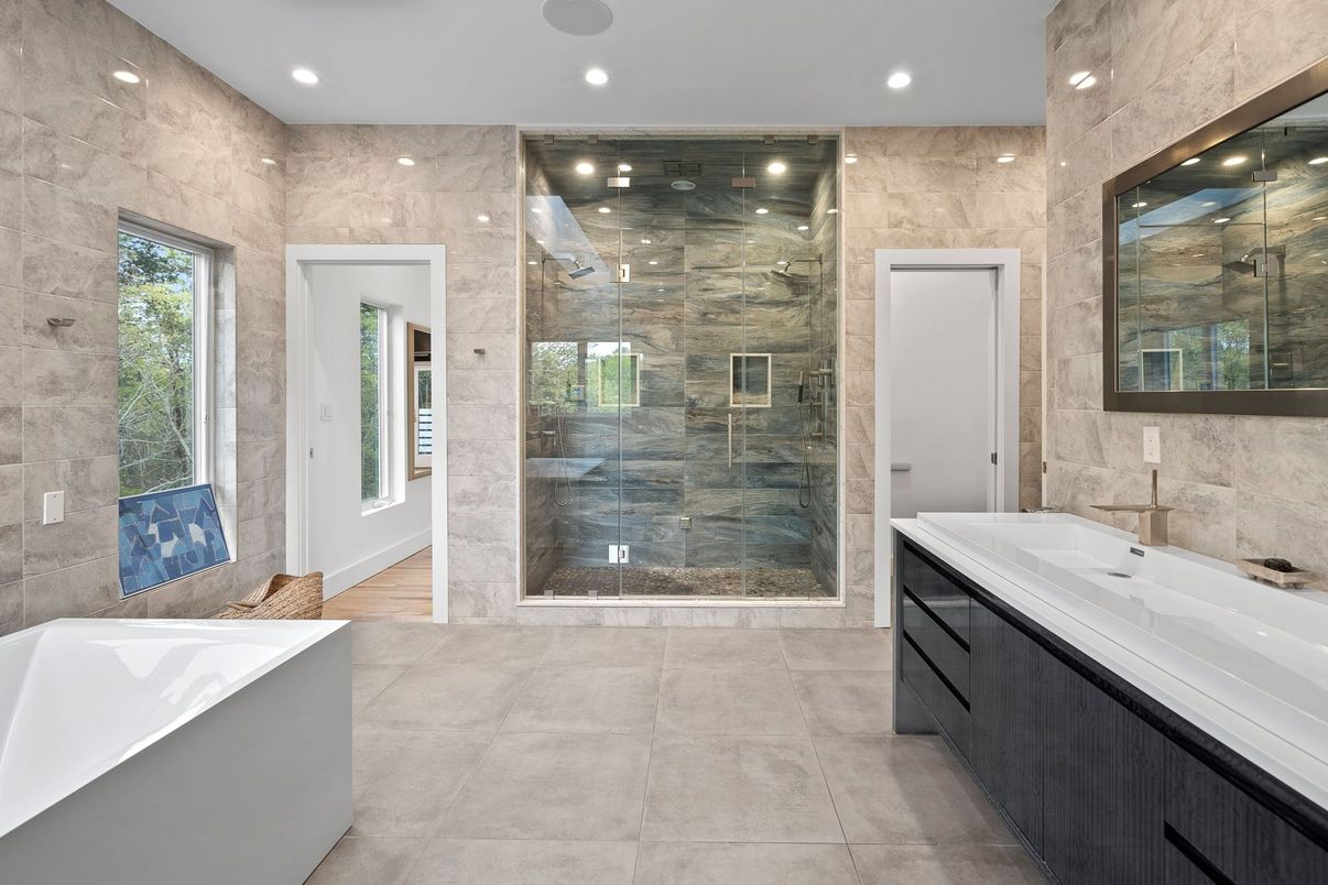 Bathroom, Dual Sink Vanities, Glass Shower, Interior, Recessed Lighting