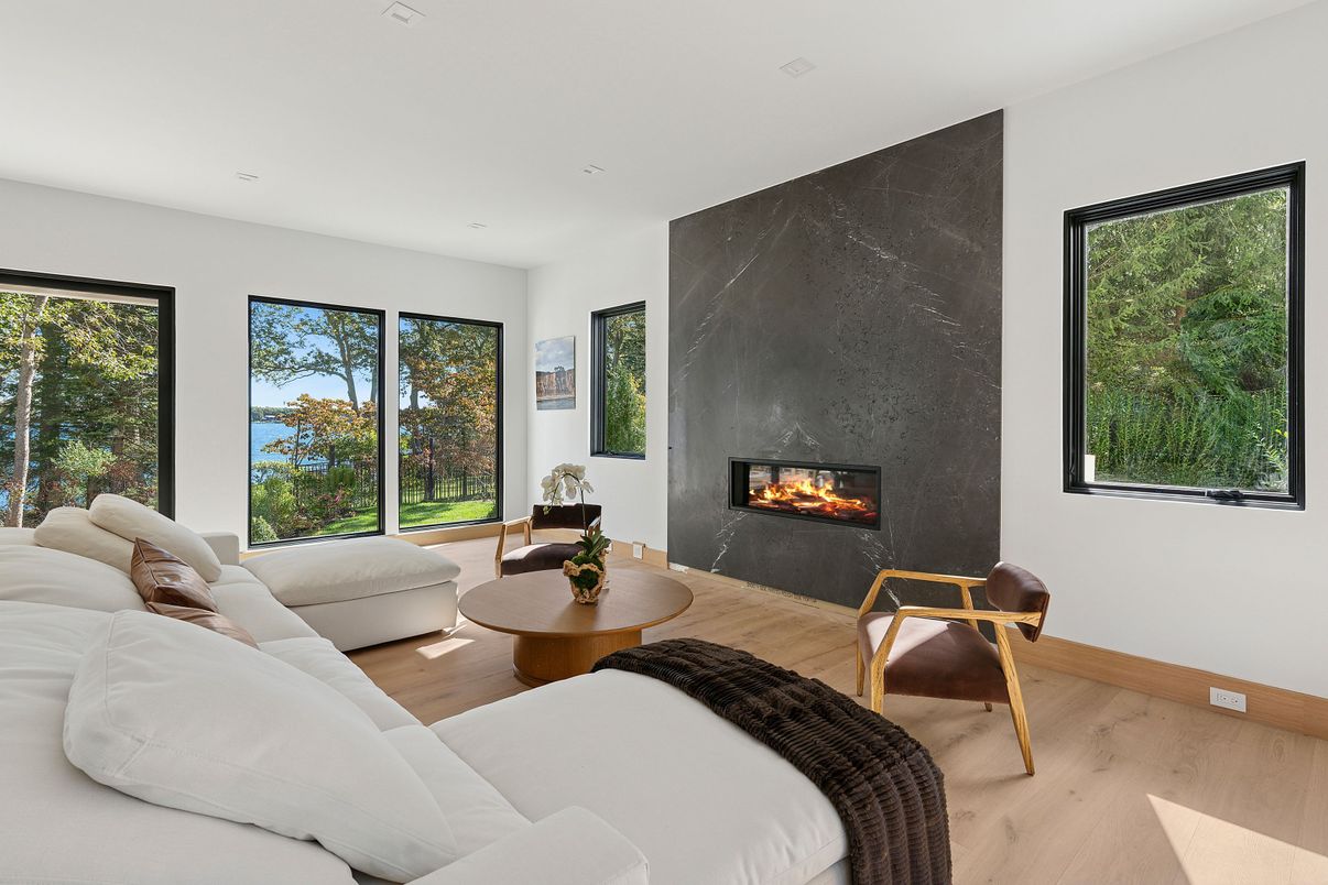 Fireplace, Interior, Living room, Recessed Lighting, Wood Texture Flooring