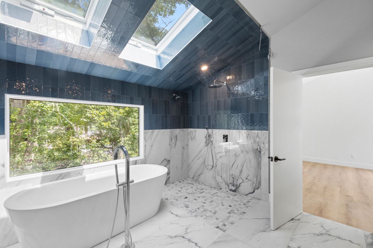 Bathroom, Free Standing Baths, Interior, Marble, Marble Walls, Recessed Lighting