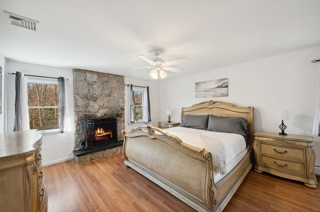 Bedroom, Fireplace, Interior, Stone Walls, Wood Texture Flooring