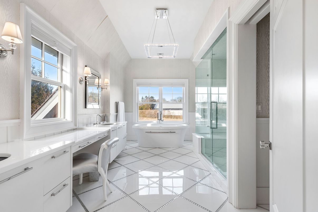 Bathroom, Dual Sink Vanities, Free Standing Baths, Glass Shower, Interior, Pendant Lights