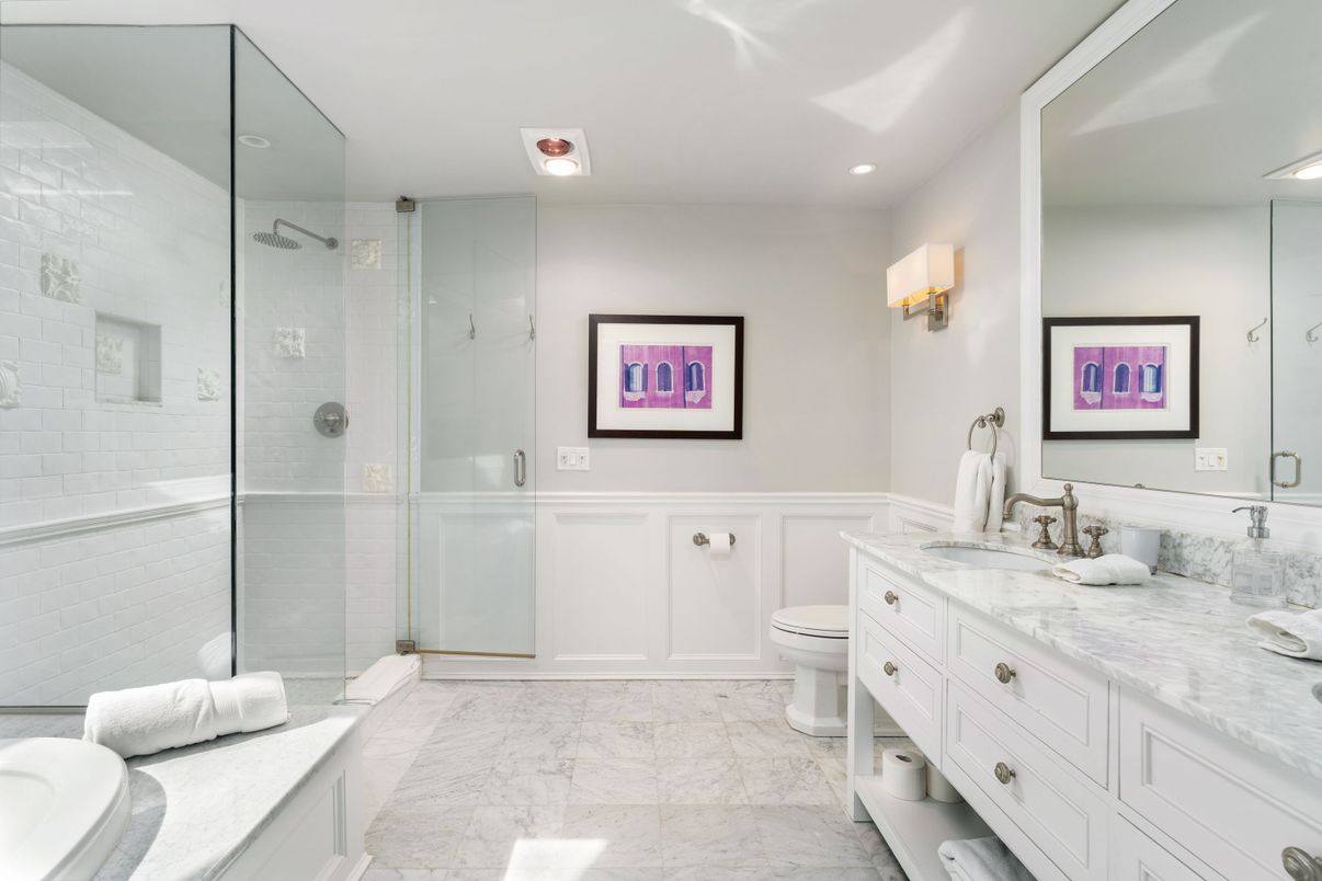 Bathroom, Dual Sink Vanities, Glass Shower, Interior, Marble, Recessed Lighting