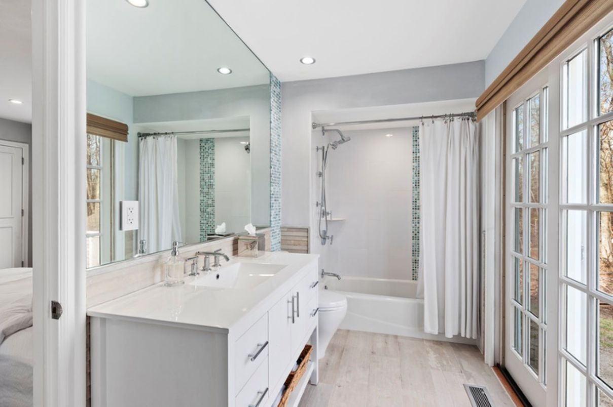 Bathroom, Dual Sink Vanities, Interior, Recessed Lighting, Wood Texture Flooring
