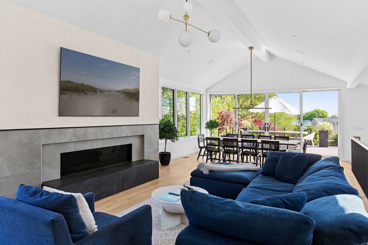 Dining room, Fireplace, Interior, Living room, Pendant Lights, Wood Texture Flooring