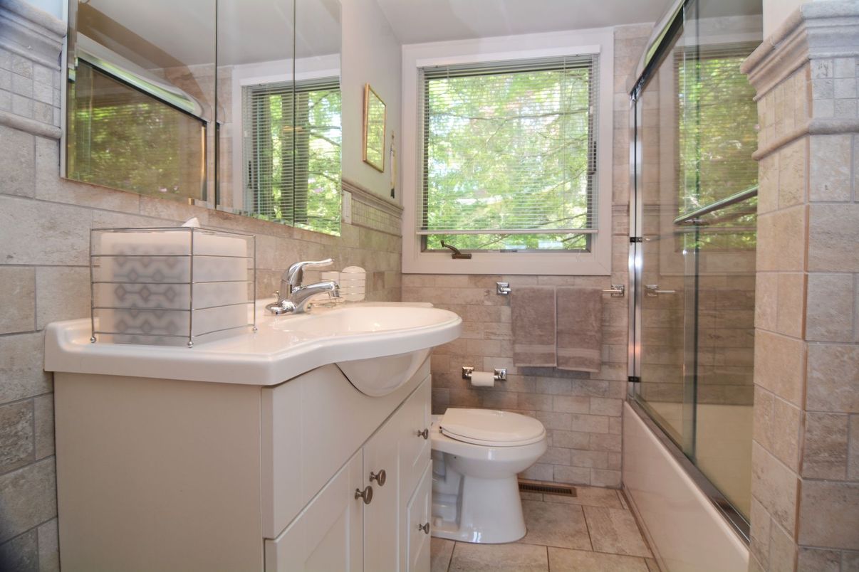 Bathroom, Glass Shower, Interior, Pendant Lights, Stone Walls