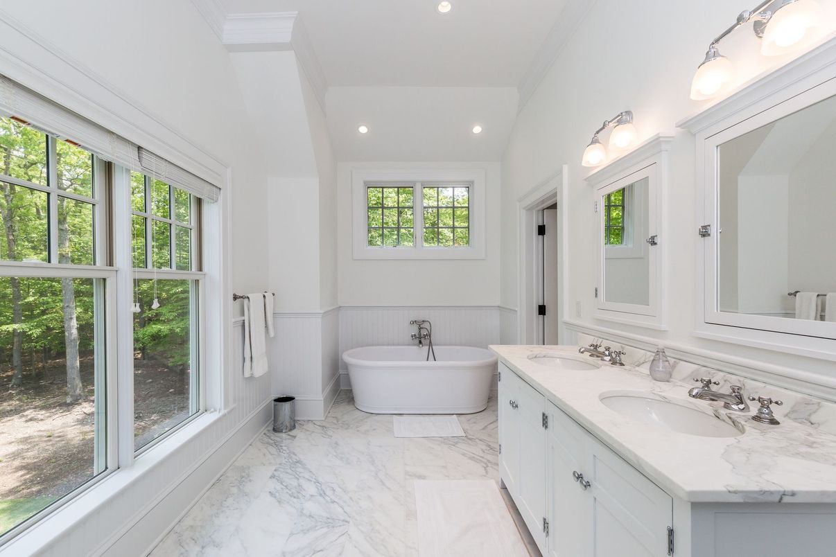 Bathroom, Dual Sink Vanities, Free Standing Baths, Interior, Marble, Recessed Lighting