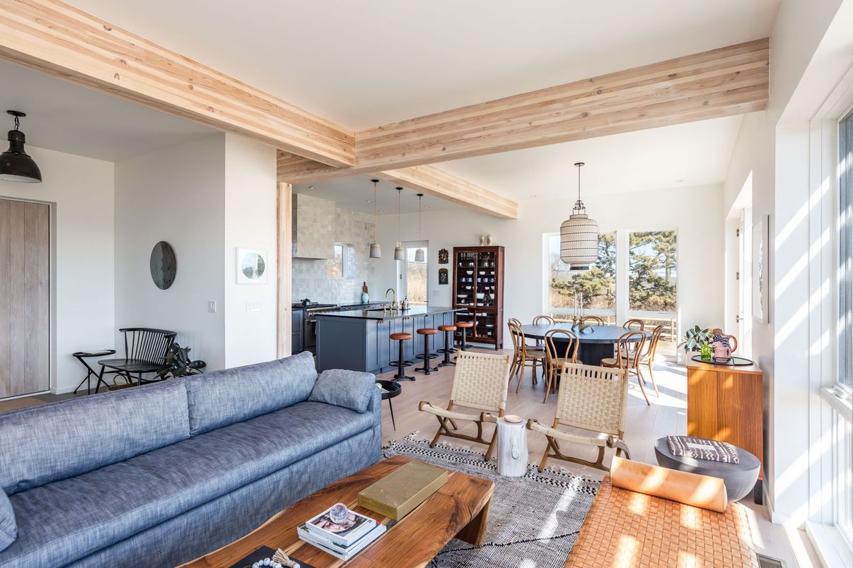 Dining room, Interior, Living room, Pendant Lights, Wooden Beams, Wood Texture Flooring