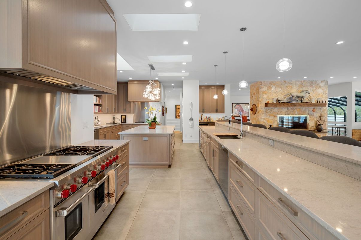 Fireplace, Interior, Kitchen, Pendant Lights, Recessed Lighting, Stainless Steel Appliances