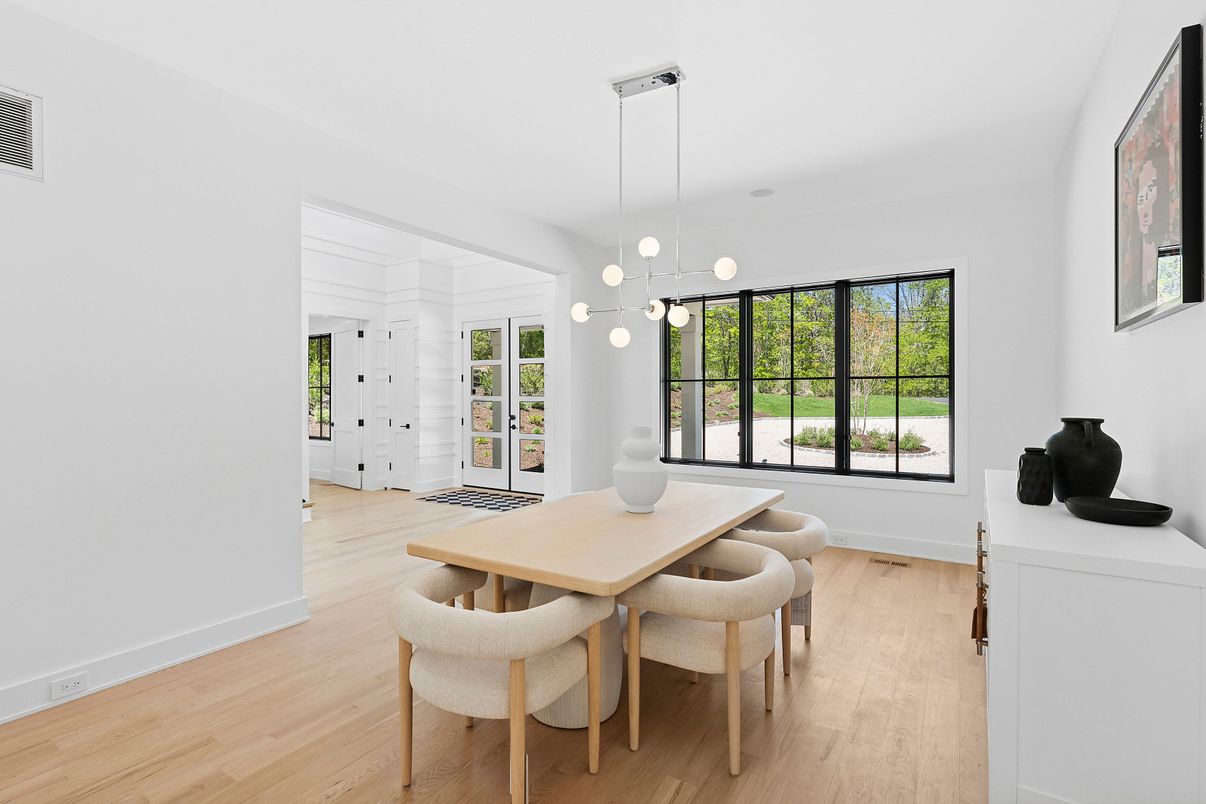 Dining room, Interior, Pendant Lights, Wood Texture Flooring