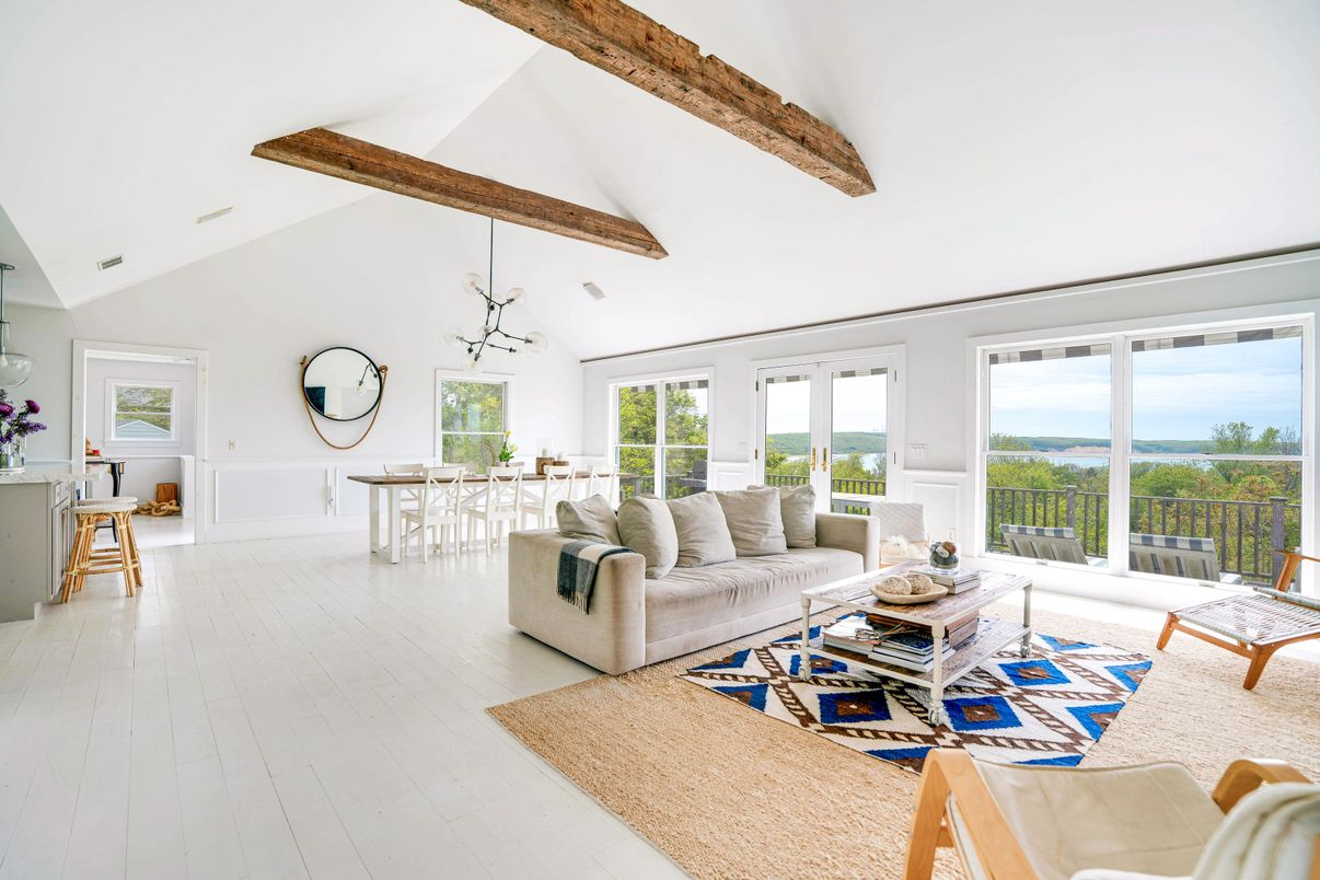 Dining room, Interior, Living room, Pendant Lights, Water, Wooden Beams, Wood Texture Flooring