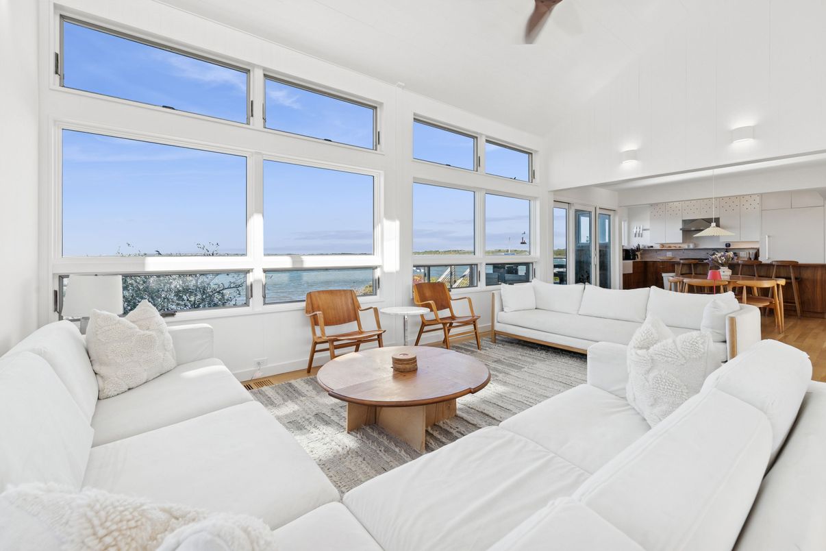 Dining room, Interior, Kitchen, Living room, Recessed Lighting, Water, Wood Texture Flooring