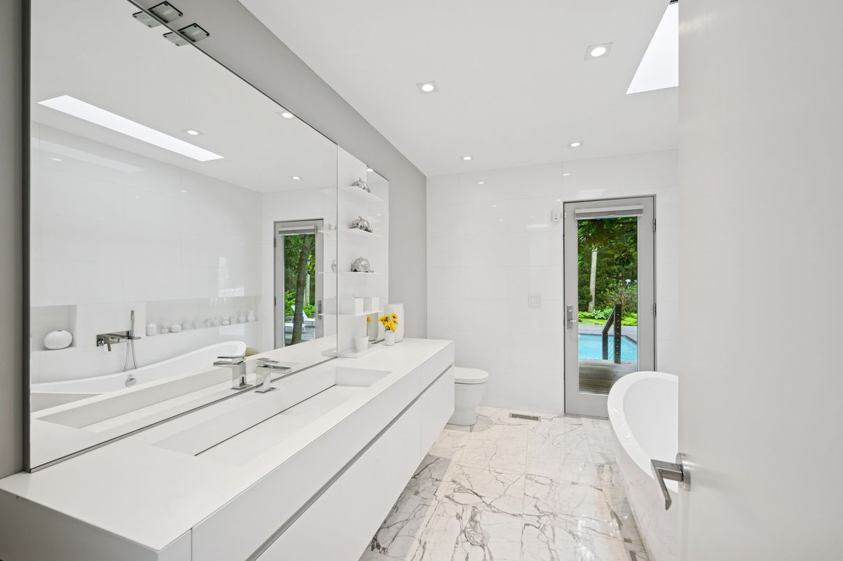 Bathroom, Dual Sink Vanities, Glass Shower, Interior, Marble, Recessed Lighting