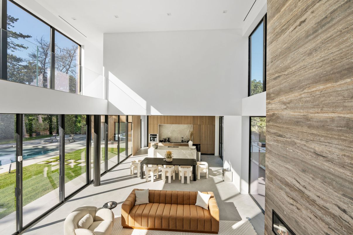 Dining room, Fireplace, Interior, Living room, Recessed Lighting, Wooden Walls