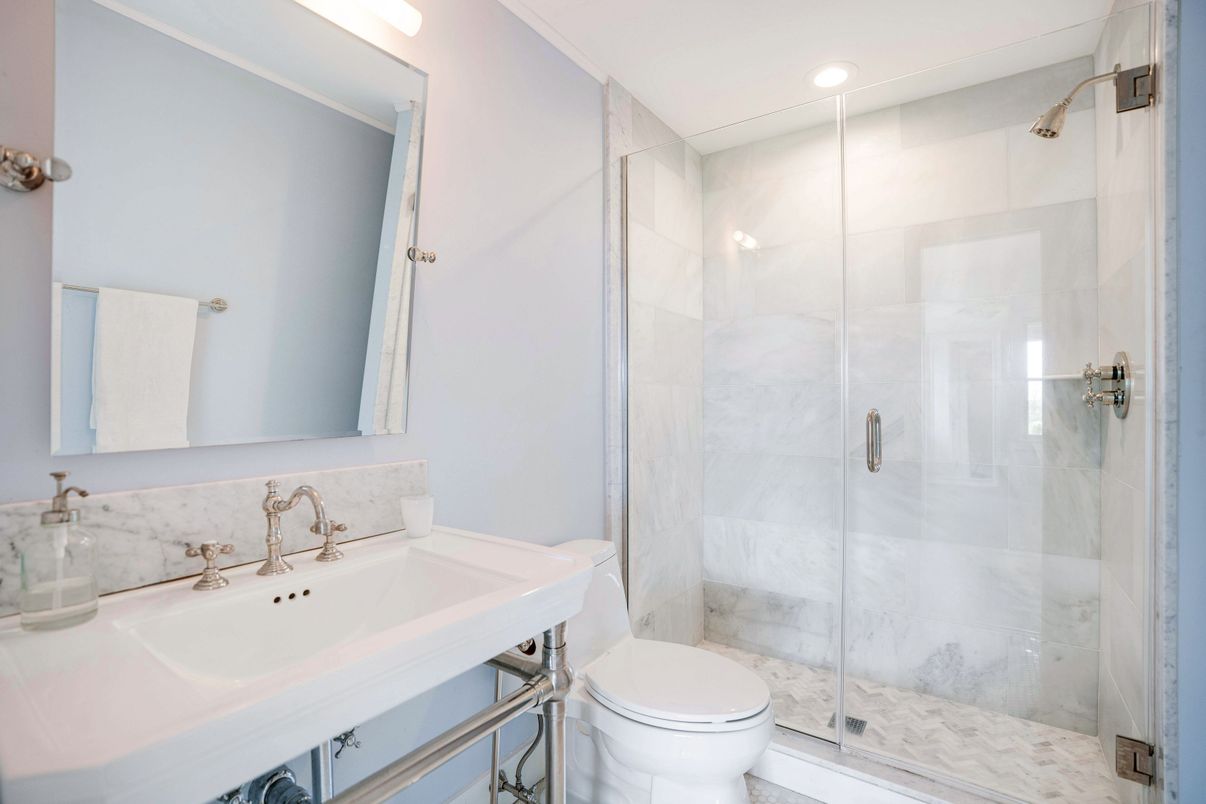 Bathroom, Glass Shower, Interior, Marble Walls, Recessed Lighting
