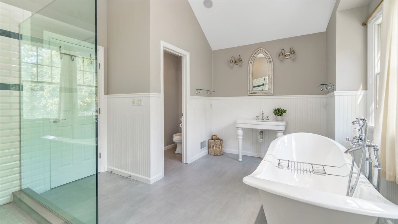 Bathroom, Free Standing Baths, Glass Shower, Interior, Wood Texture Flooring