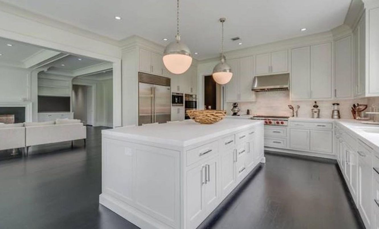 Fireplace, Interior, Kitchen, Living room, Pendant Lights, Recessed Lighting, Stainless Steel Appliances, Wood Texture Flooring