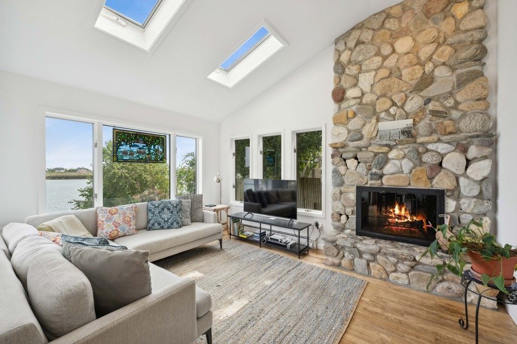 Fireplace, Interior, Living room, Stone Walls, Water, Wood Texture Flooring