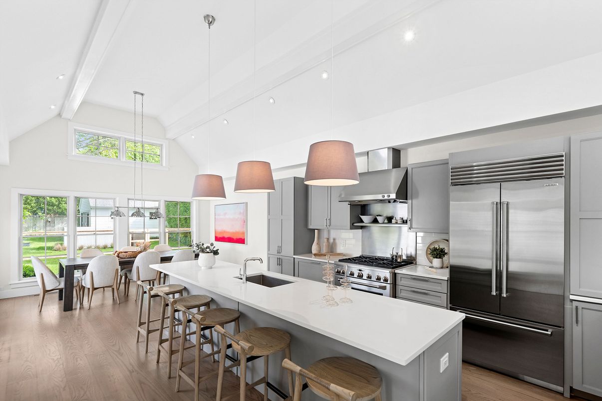 Dining room, Interior, Kitchen, Pendant Lights, Recessed Lighting, Stainless Steel Appliances, Wood Texture Flooring