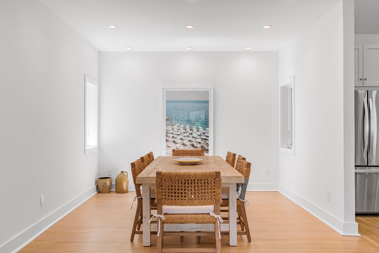 Dining room, Interior, Recessed Lighting, Wood Texture Flooring