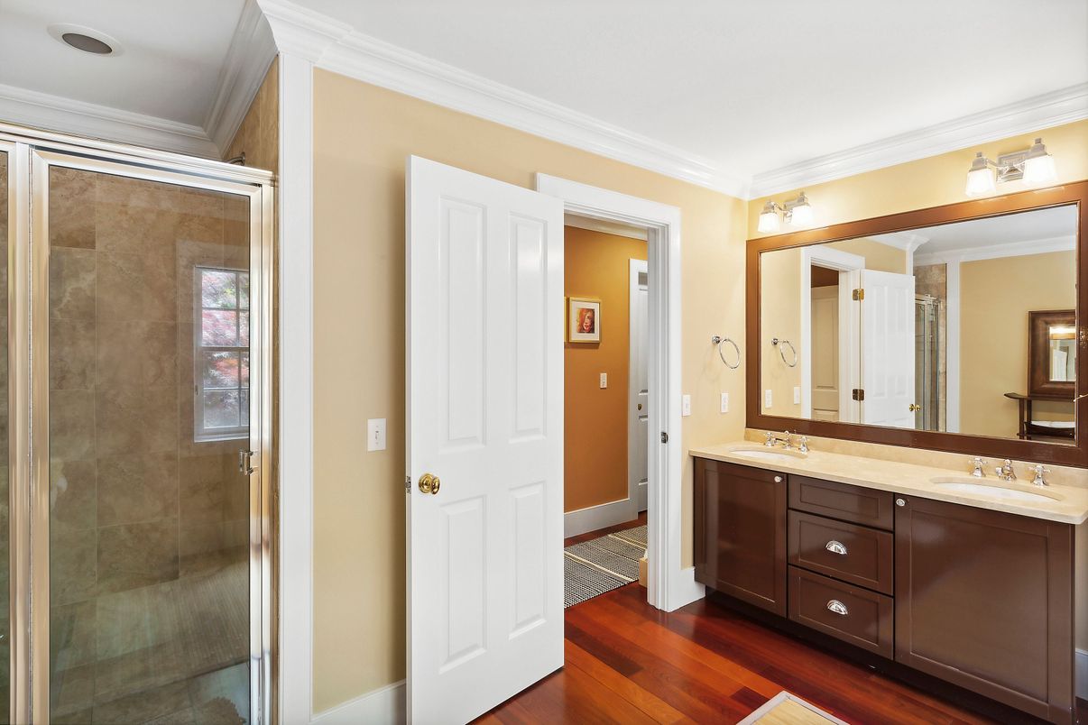 Bathroom, Dual Sink Vanities, Glass Shower, Interior, Wood Texture Flooring