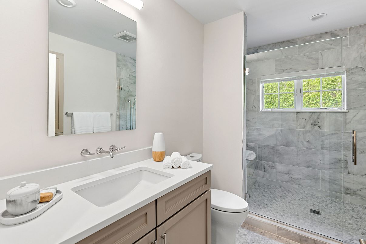 Bathroom, Glass Shower, Interior, Marble Walls, Recessed Lighting