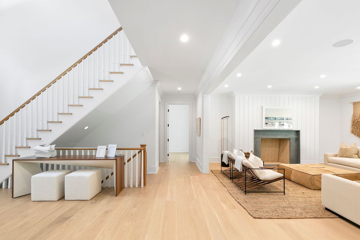 Fireplace, Interior, Living room, Recessed Lighting, Wood Texture Flooring